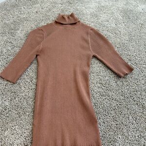 Brown Ribbed Turtleneck Top with half sleeves